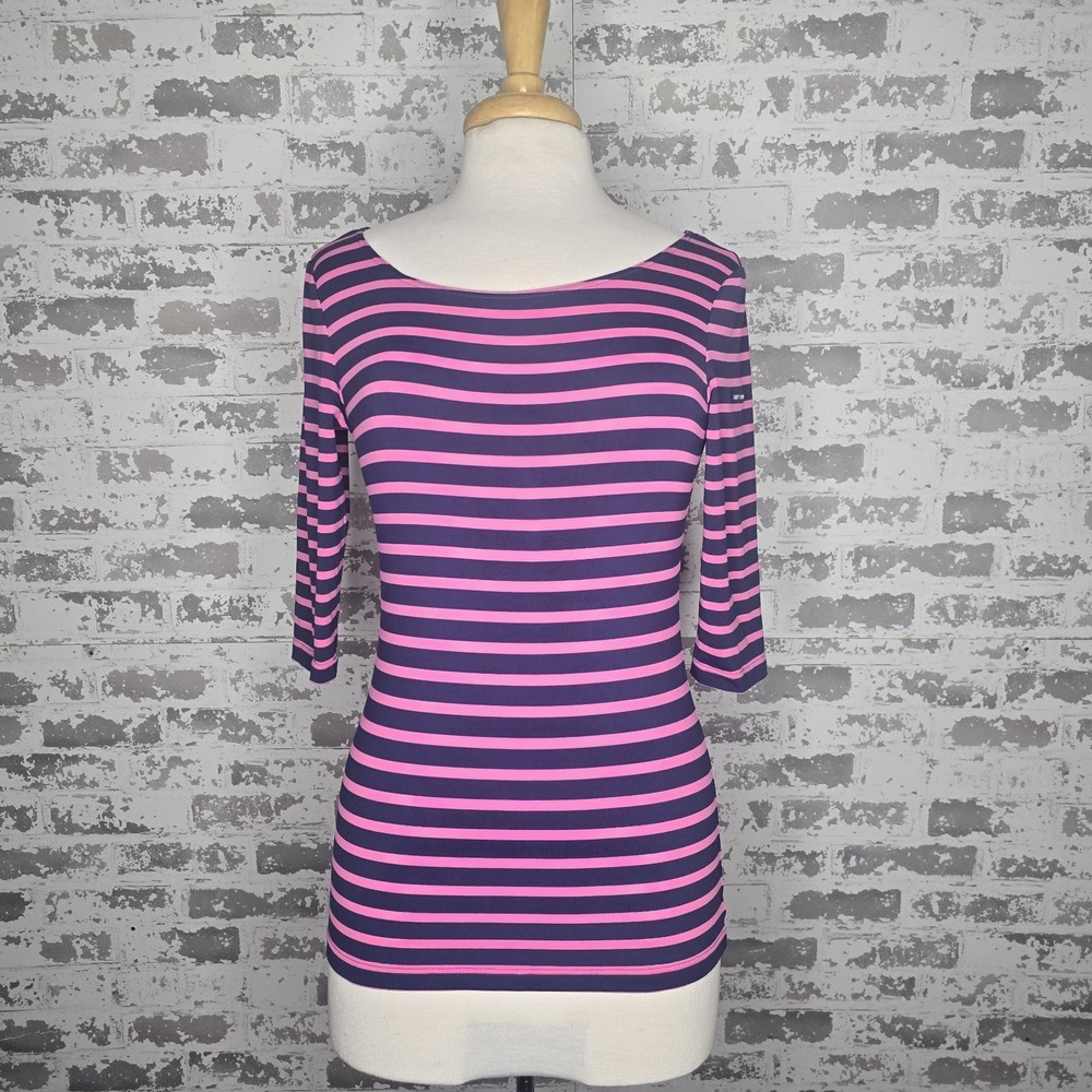 Saint James Top Womens XXS Made In France 3/4 Sleeve Scoop Neck Navy Pink Stripe